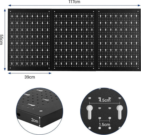 Peg board - Gaatjesbord - Pegboard zwart - Metalen Gereedschapsplank - voor Werkplaats en Garage - 120x60cm