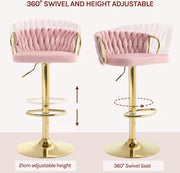 Luxe barkruk - Fluweel Barkruk - Set van 2 - Gevlochten - Hoogte verstelbaar - 360 graden draaibaar - Velvet - Gouden poot - Roze