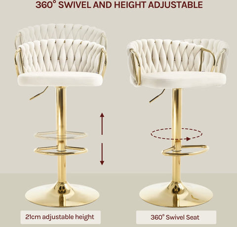 Luxe barkruk - Fluweel Barkruk - Set van 2 - Gevlochten - Hoogte verstelbaar - 360 graden draaibaar - Velvet - Gouden poot - Zwart