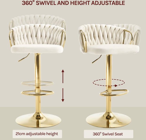 Luxe barkruk - Fluweel Barkruk - Set van 2 - Gevlochten - Hoogte verstelbaar - 360 graden draaibaar - Velvet - Gouden poot - Zwart