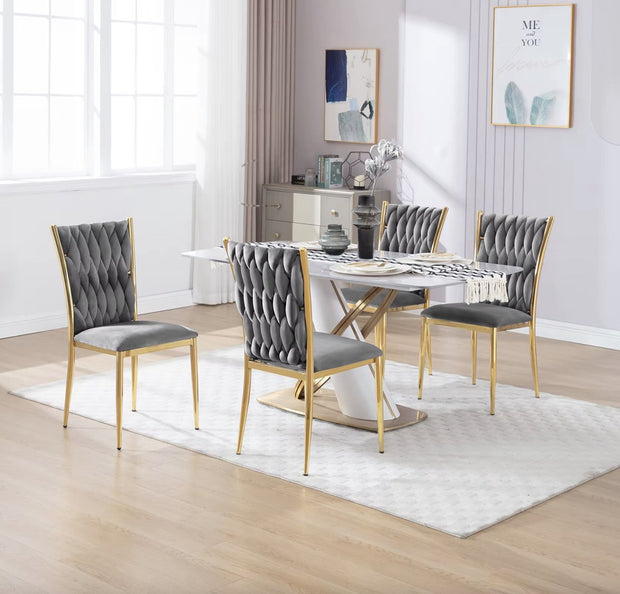 Eetkamerstoel - Set van 2 stoelen - Fluwelen eetkamer stoel - Eetkamerstoelen - Eettafel stoel - Velvet - Fluweel - Gevlochten patroon - Gouden poot - Metaal - Grijs - Goud