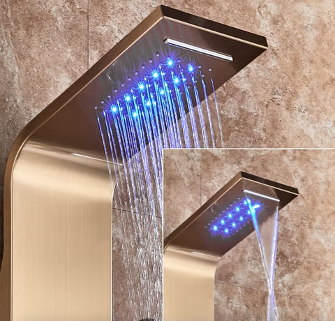 Douchekraan - Regendouche - Douchekop - Douchepaneel - 6 in 1 - Regendouche - Waterval douche - Kraan - Bidet - Massage jet - Handdouche - Waterstroom gevoed - Verlichting en LED display - Goud