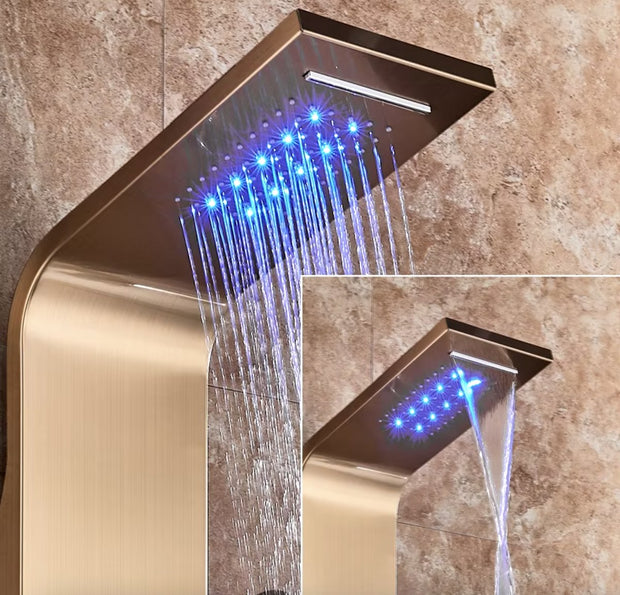 Douchekraan - Regendouche - Douchekop - Douchepaneel - 6 in 1 - Regendouche - Waterval douche - Kraan - Bidet - Massage jet - Handdouche - Waterstroom gevoed - Verlichting en LED display - Goud