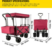 Opvouwbare Bolderkar - Tuinwagen met Dakje en 2 Klittenbandsluitingen - Max. Draagvermogen 100 kg - Tuinkar met 4 Universeel Wielen - Kamperen - Barbecues - Picknick - Rood