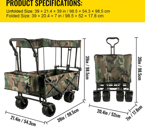 Opvouwbare Bolderkar - Tuinwagen met Dakje en 2 Klittenbandsluitingen - Max. Draagvermogen 100 kg - Tuinkar met 4 Universeel Wielen - Kamperen - Barbecues - Picknick - Camouflage