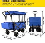 Opvouwbare Bolderkar - Tuinwagen met Dakje en 2 Klittenbandsluitingen - Max. Draagvermogen 100 kg - Tuinkar met 4 Universeel Wielen - Kamperen - Barbecues - Picknick - Blauw