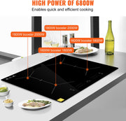 Inductiekookplaat - 6800W - 4 Kookzones - Touchscreen met 9 Verwarmingsniveaus - Geschikt voor Professionele Keukens en Huishoudens - Zonder Stekker - Zwart