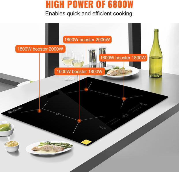 Inductiekookplaat - 6800W - 4 Kookzones - Touchscreen met 9 Verwarmingsniveaus - Geschikt voor Professionele Keukens en Huishoudens - Zonder Stekker - Zwart