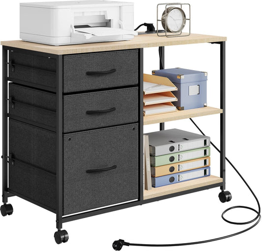 Printerkast - Archiefkast - Printer - Met laden en oplaadstation - 40 cm x 80 cm x 66 cm - Licht eiken met zwart