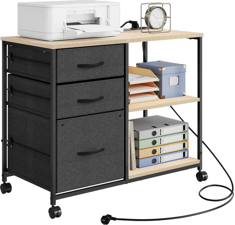 Printerkast - Archiefkast - Printer - Met laden en oplaadstation - 40 cm x 80 cm x 66 cm - Licht eiken met zwart