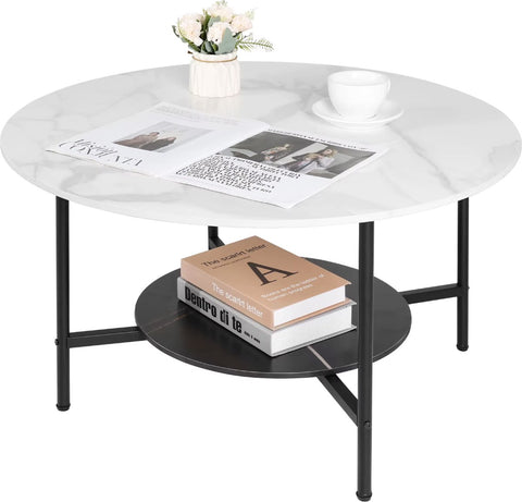 Salontafel - Ronde salontafel - Gesinterd steen - Marmerlook - 2 laags - Wit/Zwart - 80cm