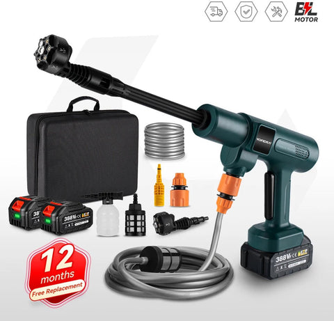 Draadloze Hogedrukreiniger -  Draagbare Ontwerp - 6-in-1 Spuitmond - Voor Auto - Tuin en Terras - Gebruiksvriendelijk - 2 Accu's met 1 Lader - 200 Bar - 3500W Brushless Motor