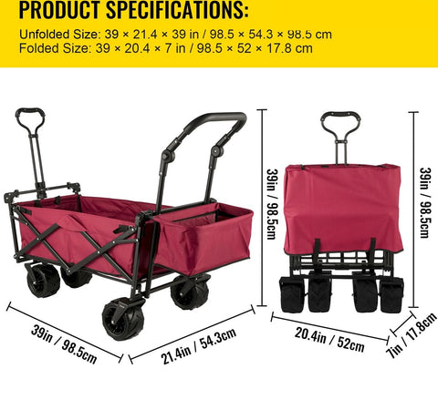 Bolderkar Opvouwbaar - Bolderkar - Bolderwagen - Bolderkar Kinderenvervoer - Bolderkar Opvouwbaar Met Massieve - Bolderkar Opvouwbaar Luchtbanden - Bolderkar Opvouwbaar Met Duwstang - Rood
