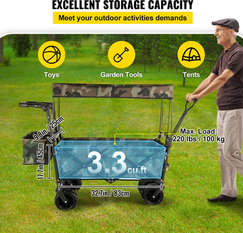 Opvouwbare Bolderkar - Tuinwagen met Dakje en 2 Klittenbandsluitingen - Max. Draagvermogen 100 kg - Tuinkar met 4 Universeel Wielen - Kamperen - Barbecues - Picknick - Camouflage