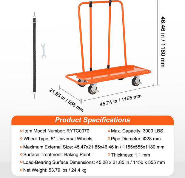 Gipsplaten Vrachtwagen - Laadvermogen 3000 lbs - Duurzaam Staal - 5-Inch Stille Wielen - Voor Transport van Wandpanelen - Multiplex en Gipsplaten - Eenvoudige Installatie - Brede Toepassing in Hotels - Feestzalen en Woonhuizen