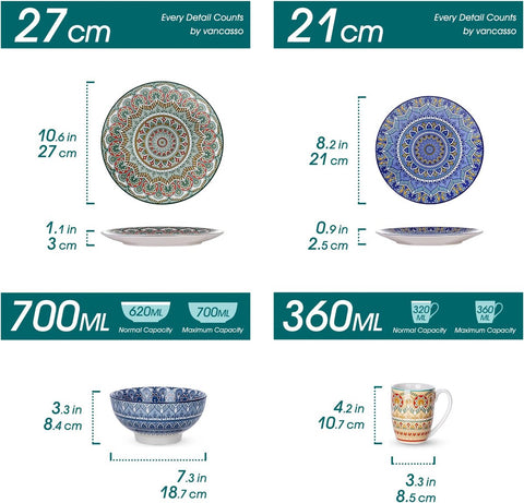 Serviesset - 32-delig - Bohemian Mandala Design - Turquoise Porselein - Diner,Dessertborden, Kommen & Mokken - Uniek & Stijlvol