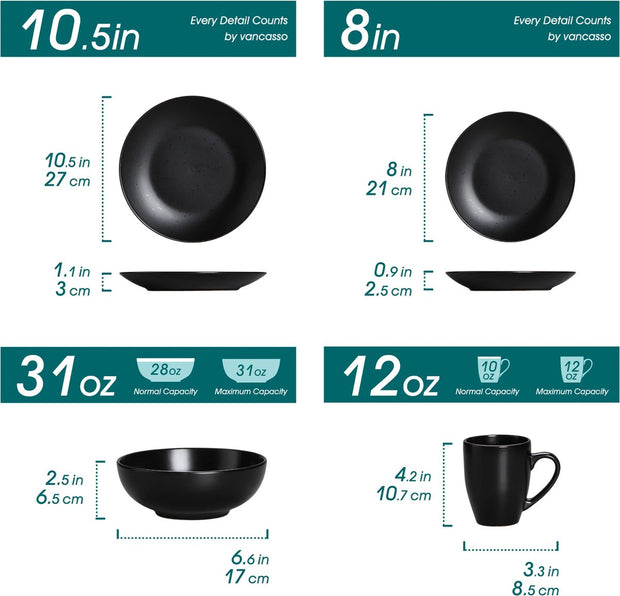 Luxe Serviesset - 32-Delig - 8 Persoons - Keramiek - Bordenset - Dinner Platen - Dessertborden - Kommen - Mokken - Schaaltjes - Zwart