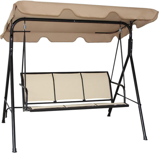 Schommelzitje - Schommelbank - Ligstoel met zonnedak - 3-zits - Lichtbruin/Beige