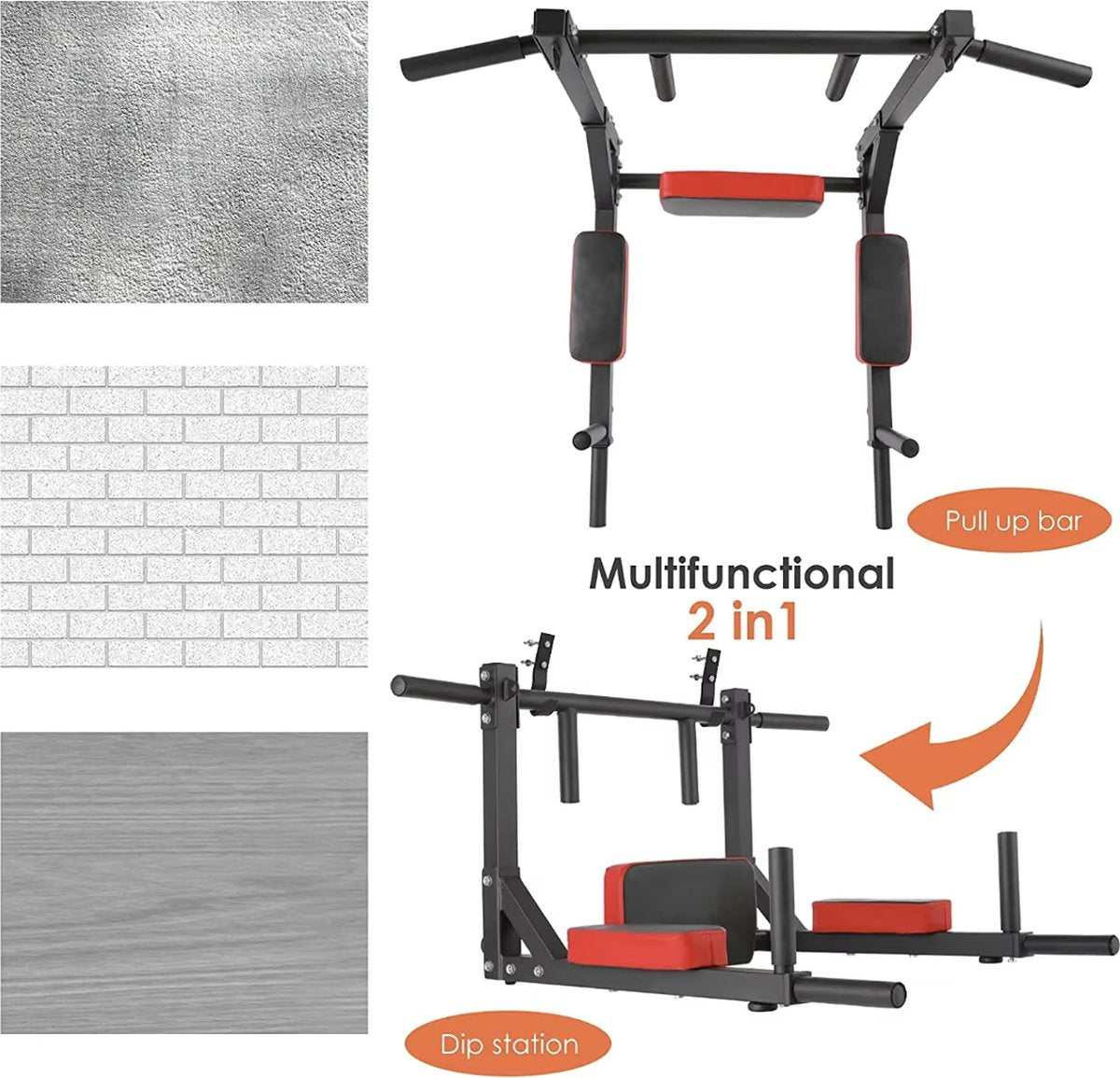 Pull up bar - Optrek stang - Fitness - Chin up - Crunches - Dip station - 3in1 - Wand gemonteerd - Max 300kg