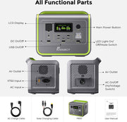 Draagbare energiecentrale - LiFePO4 zonnegenerator, - 3500 Times Cycle - 800W AC uitgang - 200W max zonne-ingang - 8 stopcontacten - Igarenaansteker - DC6530 - 2xUSB-A - 3x Type-C - AC uitgang - Volledig opgeladen - 512Wh - Groen