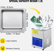 Ultrasoon Reiniger - Roestvrij Staal - Professionele Ultrasone Reinigingsapparaat - Digitale Verwarmings Timer - Sieraden - Brillen - Tanden - 1.3 L - 60W - 40kHz - Ultrasoon vermogen 60W - Verwarmingsvermogen 100W - Zilver