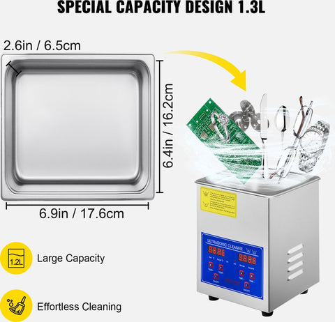 Ultrasoon Reiniger - Roestvrij Staal - Professionele Ultrasone Reinigingsapparaat - Digitale Verwarmings Timer - Sieraden - Brillen - Tanden - 1.3 L - 60W - 40kHz - Ultrasoon vermogen 60W - Verwarmingsvermogen 100W - Zilver