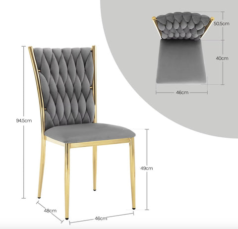 Eetkamerstoel - Set van 2 stoelen - Fluwelen eetkamer stoel - Eetkamerstoelen - Eettafel stoel - Velvet - Fluweel - Gevlochten patroon - Gouden poot - Metaal - Grijs - Goud