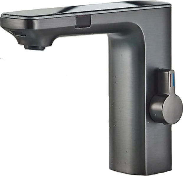 Washbasin Tap - Sensor control - Brushed gray - Digital LCD display - Cold and hot water - Mixer tap