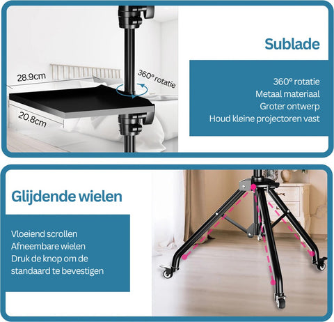 Projector Statief - Beamer Statief Met Laptop Verdieping - Met twee clips - Verstelbaar Standaard - Met Wieltjes - Zwart - Top Kwaliteit - 145CM - Professioneel Statief - Aluminium