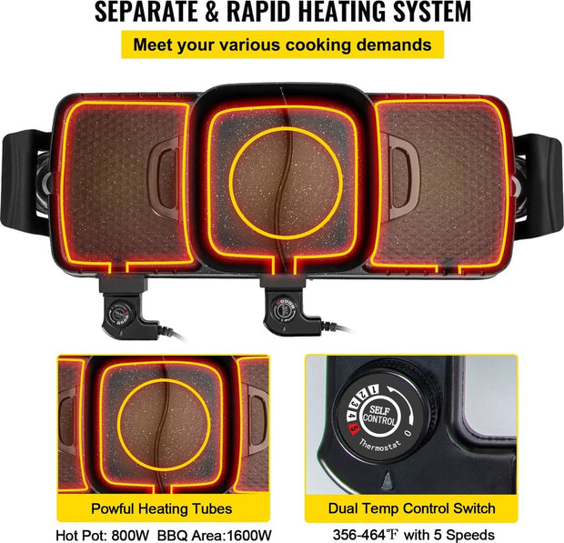 Electric BBQ - Pan Grill and Hot Pot - Powerful 2400W - Portable and Smoke-free - Removable Non-stick Coating - BBQ - Gourmet - Grill - Cookware - Cooking - Grilling