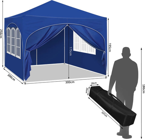 Partytent - 3x3 m - Zijwanden - Makkelijk Opzetbaar - Paviljoen - Opvouwbaar - Waterdicht - Met Draagtas - Donkergrijs