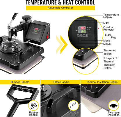 5 In 1 Hittepers - Warmte Persmachine Transferpers - Met 29 x 38 cm Hitteplaat - Digitale Praktische Controller - Duurzaam en Betrouwbaar Handvat - Voor Het Aanbrengen Van Letters - Cijfers En Patronen Op Petten - T-Shirts - Kopjes - Borden - Zwart