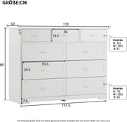 Witte Ladekast met 9 Lades – Grote Opbergkast 120x40x88 cm – Gelakt Halmeubel met Golvend Design en Slagvaste Hoeken – Voor Woonkamer, Badkamer of Slaapkamer