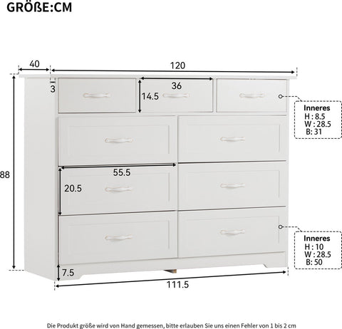 Witte Ladekast met 9 Lades – Grote Opbergkast 120x40x88 cm – Gelakt Halmeubel met Golvend Design en Slagvaste Hoeken – Voor Woonkamer, Badkamer of Slaapkamer