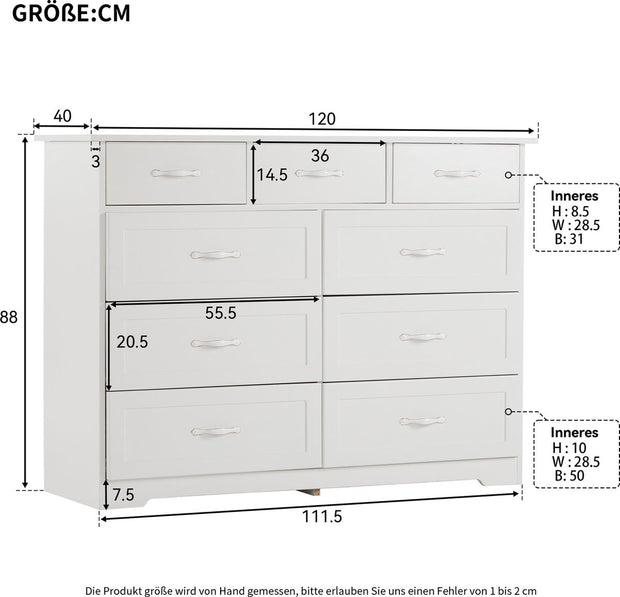 Witte Ladekast met 9 Lades – Grote Opbergkast 120x40x88 cm – Gelakt Halmeubel met Golvend Design en Slagvaste Hoeken – Voor Woonkamer, Badkamer of Slaapkamer