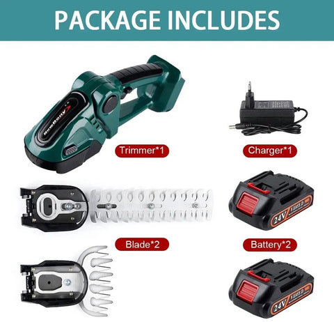 Heggenschaar - Heggentrimmer - Snoeischaar - Elektrische Heggenschaar - Accu Heggenschaar - 2 in 1 - Struikschaarblad - Grasschaarblad - Verwisselbare Messen - Tuingereedschap - Krachtig - Langdurige Accu - 2 Accu's - Accu Oplader