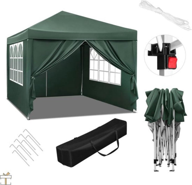 Partytent met zijwanden - Groen - Opvouwbaar - Easy up - Paviljoen - Waterdicht weerbestendig - 3x3 m