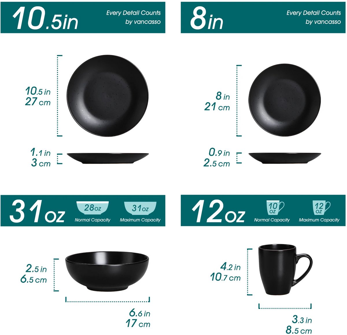 Serviesset - Zwart - 16 Stuks - Porselein - Borden - Bordenset - Serviesset 6 Persoons - Borden Set