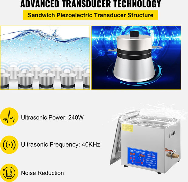 Ultrasoon Reiniger 9,6-10 L - Roestvrij Staal Professionele Ultrasone Reinigingsapparaat - Digitale Verwarmings Timer - Sieraden - Brillen - Tanden