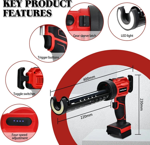 Kitspuit - Kitpistool - Elektrische Kitpistool - Inclusief: 2 Accu's & Oplader - Met LED Licht - Anti Lek - 4 Versnellingen - Rood