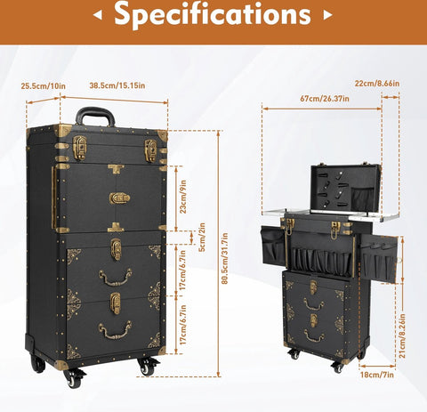 Luxe Visagiekoffer - Make up Koffer - Make-up Trolley - Kappers Koffer - Beautycase - Cosmetica Koffer - Met Wielen - Zwart