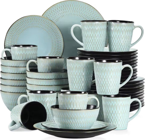 Dinnerware set green - Ceramic - 12 large plates - 12 small plates - 12 bowls - 12 cups - 48 pieces - Relief - Green