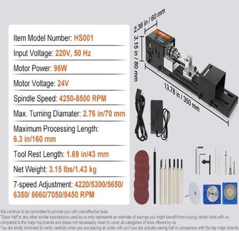 Mini Draaibank – Compacte Houtdraaibank – 96W Motor – 7 Snelheden – 4220-8500 RPM – Max. Lengte 160 mm
