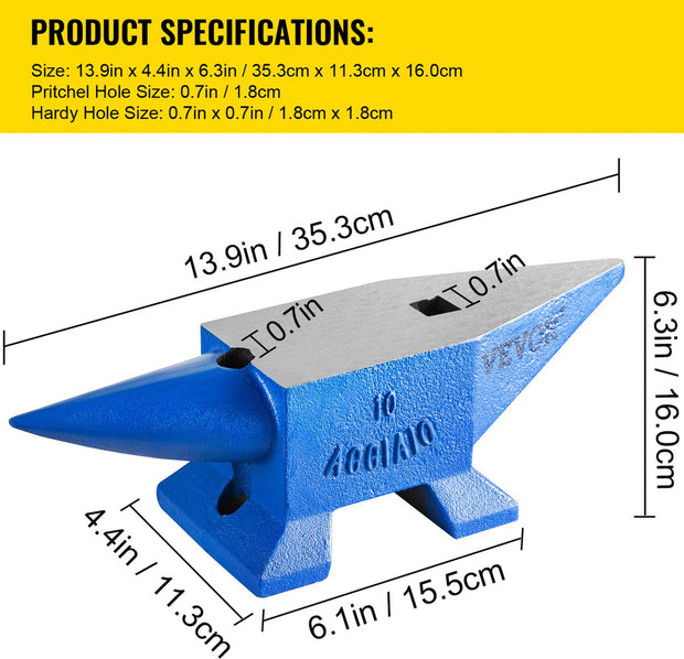 Smid Aambeeld - Groot Werkgebied - van Gesmeed Hoogwaardig Staal met een Hoge Hardheid - Smeden en Vormen van Metaal - Polijst - Ehandeling - 10 kg - voor Metaalsmeden - Klinken - Pletten - Blauw