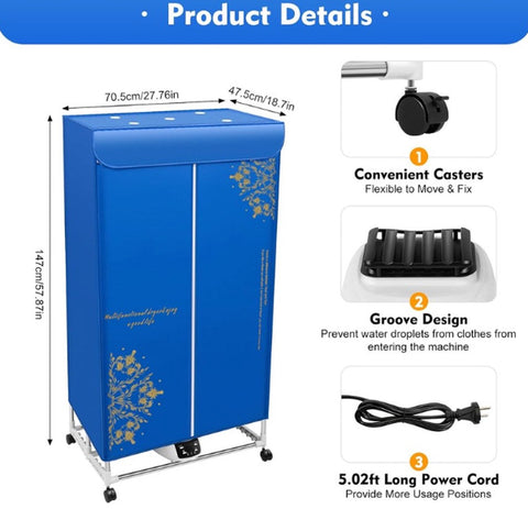 Elektrische Wasdroger - Warme Lucht Droger - Smart Droogrek - Droger Voor Kledingkast - Hangende Kleding Droger - 220V - 1200-1500W 3200rpm - <45 dB - Blauw