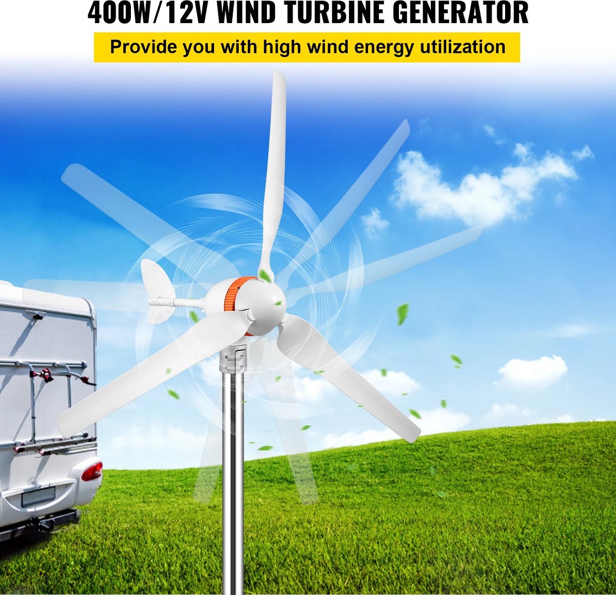 Wind Turbine - Windmolen Bouwpakket - Windgenerator - Windmolen Generator - Wind Energie 400W - 3 Blades - Wit - QUORE