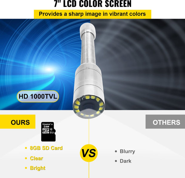 Inspectiecamera -  Endoscoop - Inspectie Camera - met 7in TFT LCD-Scherm - 50M Kabel - IP68 Waterdicht - 12 Verstelbare LED-Lampjes - Zwart