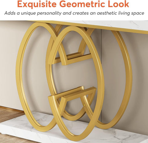 Moderne Console Tafel - Dressoirtafel met Geometrische Metalen Poten - Bijzettafel - Nep-Marmer Metaal - Wit en Goud - 140 x 35 x 80 cm
