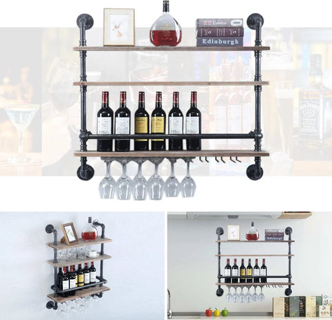 Wandplank - Wijnrek - Wijnglazen Houder - 3 Planken - Industrieel - Hout - 100x60x20 cm - Woonkamer - Keuken - Slaapkamer - Wandrek - Muur