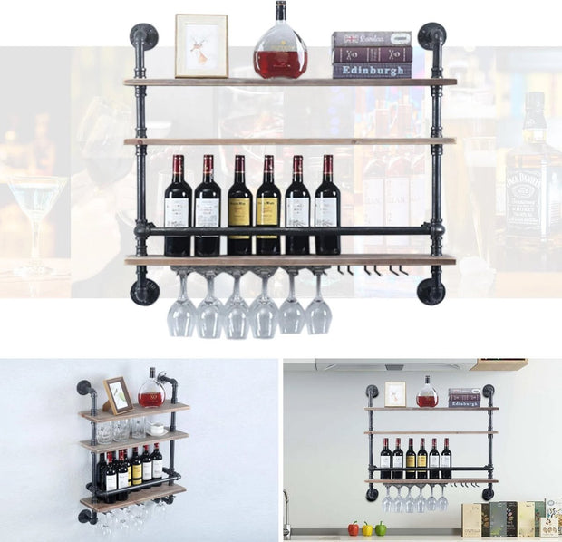 Wandplank - Wijnrek - Wijnglazen Houder - 3 Planken - Industrieel - Hout - 100x60x20 cm - Woonkamer - Keuken - Slaapkamer - Wandrek - Muur